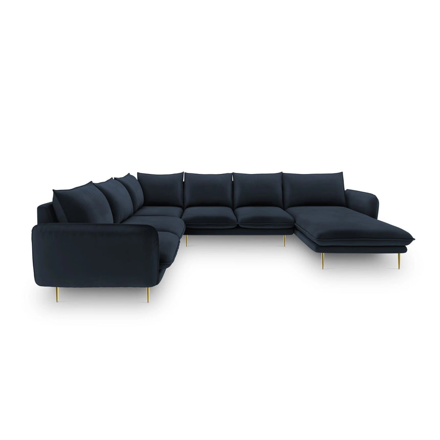 Vienna 7-Sitzer Panorama Ecksofa, Linke Seite, aus Samt in Dunkelblau (Bluvel 89), Beine aus Goldmetall, 330x235x95 cm von Cosmopolitan Design – Bild 3