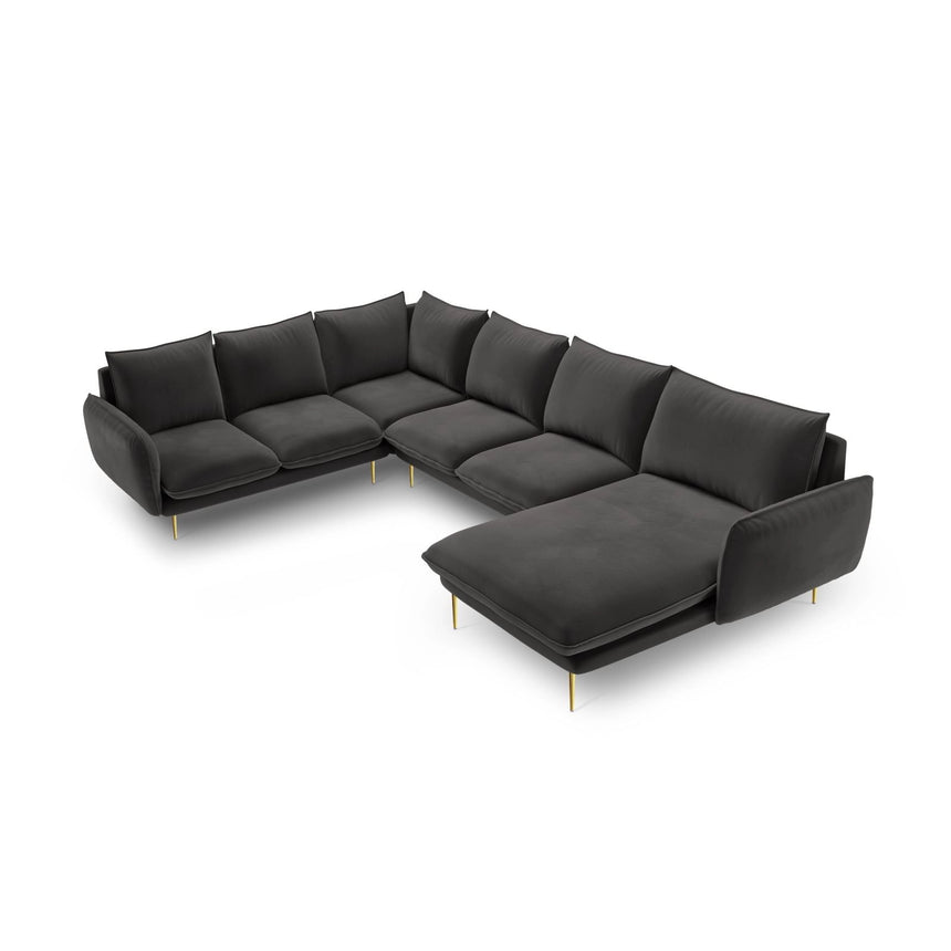 Vienna 7-Sitzer Panorama Ecksofa, Linke Seite, aus Samt in Dunkelgrau (Bluvel 18), Beine aus Goldmetall, 330x235x95 cm von Cosmopolitan Design – Bild 1