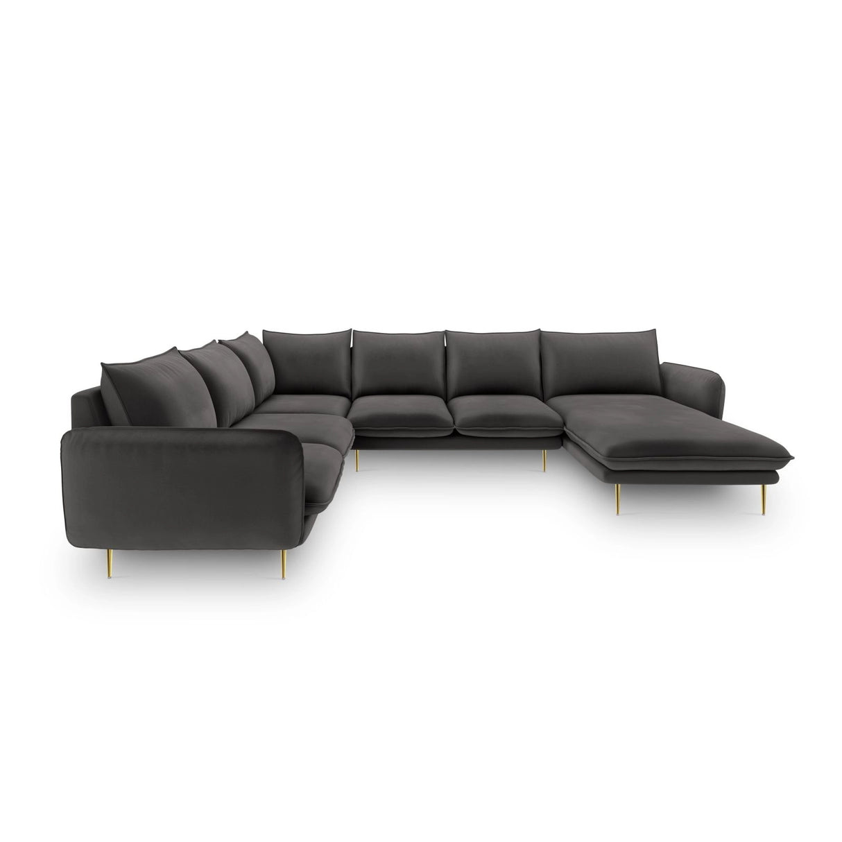 Vienna 7-Sitzer Panorama Ecksofa, Linke Seite, aus Samt in Dunkelgrau (Bluvel 18), Beine aus Goldmetall, 330x235x95 cm von Cosmopolitan Design – Bild 3