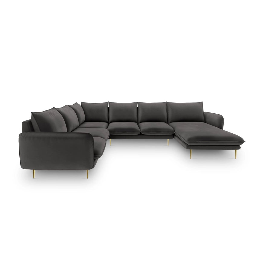 Vienna 7-Sitzer Panorama Ecksofa, Linke Seite, aus Samt in Dunkelgrau (Bluvel 18), Beine aus Goldmetall, 330x235x95 cm von Cosmopolitan Design – Bild 3