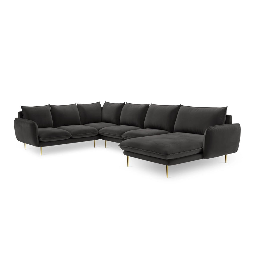 Vienna 7-Sitzer Panorama Ecksofa, Linke Seite, aus Samt in Dunkelgrau (Bluvel 18), Beine aus Goldmetall, 330x235x95 cm von Cosmopolitan Design – Bild 4