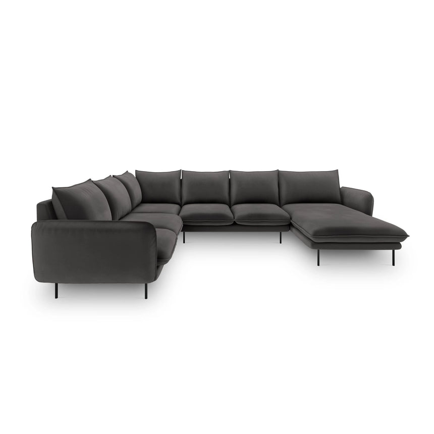 Vienna 7-Sitzer Panorama Ecksofa, Linke Seite, aus Samt in Dunkelgrau (Bluvel 18), Beine aus Schwarzes Metall, 330x235x95 cm von Cosmopolitan Design – Bild 3