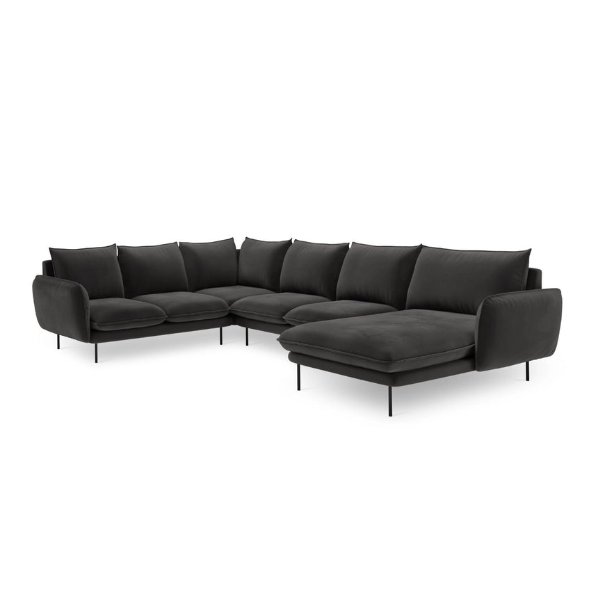 Vienna 7-Sitzer Panorama Ecksofa, Linke Seite, aus Samt in Dunkelgrau (Bluvel 18), Beine aus Schwarzes Metall, 330x235x95 cm von Cosmopolitan Design – Bild 4