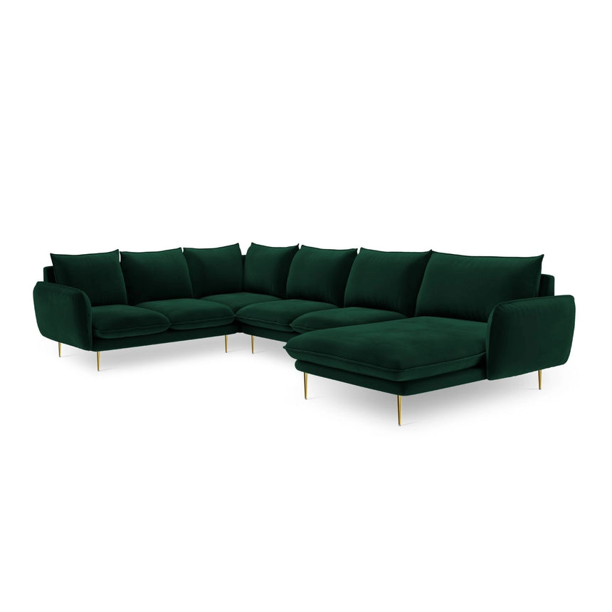 Vienna 7-Sitzer Panorama Ecksofa, Linke Seite, aus Samt in Flaschengrün (Bluvel 78), Beine aus Goldmetall, 330x235x95 cm von Cosmopolitan Design – Bild 4