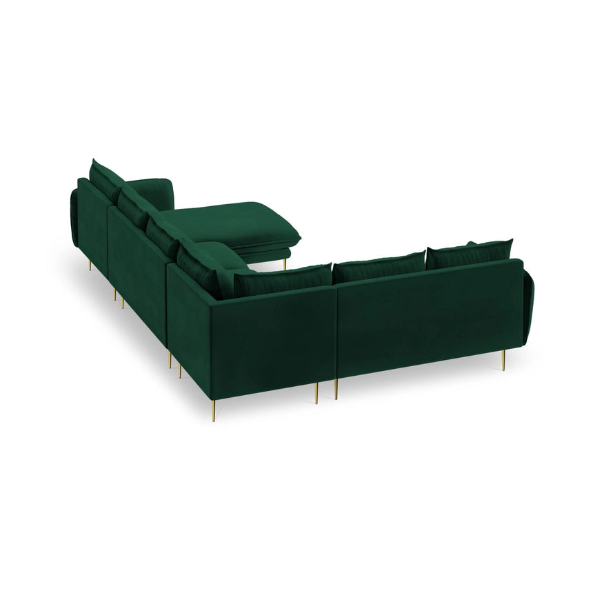 Vienna 7-Sitzer Panorama Ecksofa, Linke Seite, aus Samt in Flaschengrün (Bluvel 78), Beine aus Goldmetall, 330x235x95 cm von Cosmopolitan Design – Bild 5