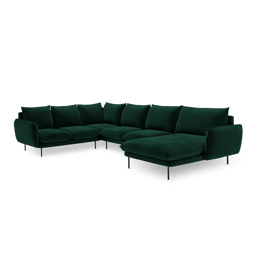 Vienna 7-Sitzer Panorama Ecksofa, Linke Seite, aus Samt in Flaschengrün (Bluvel 78), Beine aus Schwarzes Metall, 330x235x95 cm von Cosmopolitan Design – Bild 4