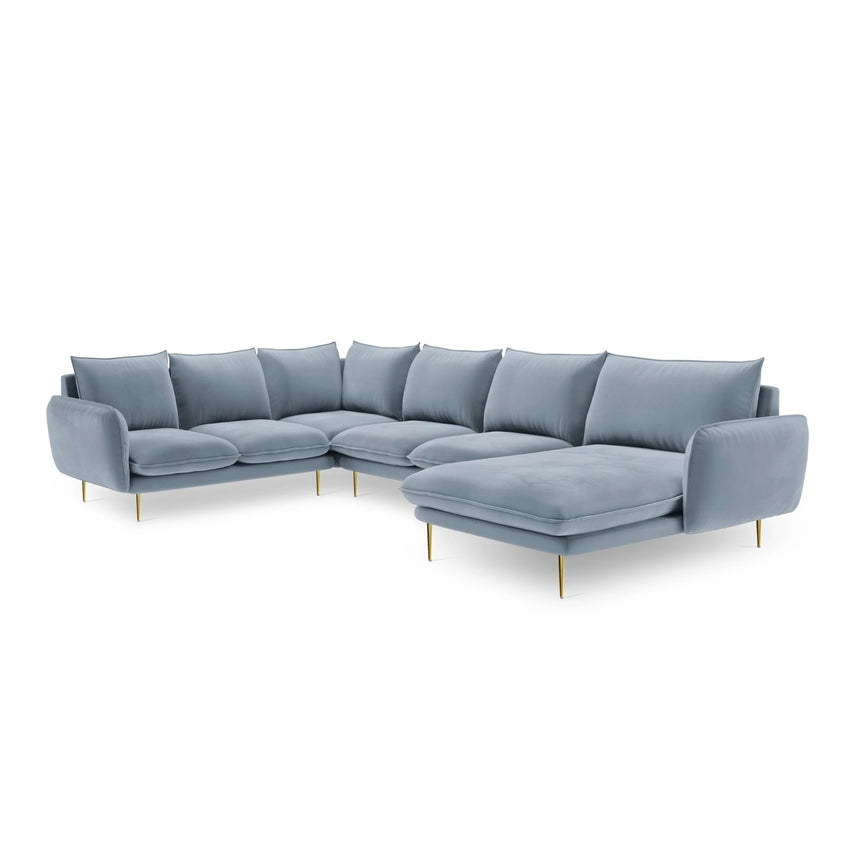 Vienna 7-Sitzer Panorama Ecksofa, Linke Seite, aus Samt in Hellblau (Bluvel 06), Beine aus Goldmetall, 330x235x95 cm von Cosmopolitan Design – Bild 4