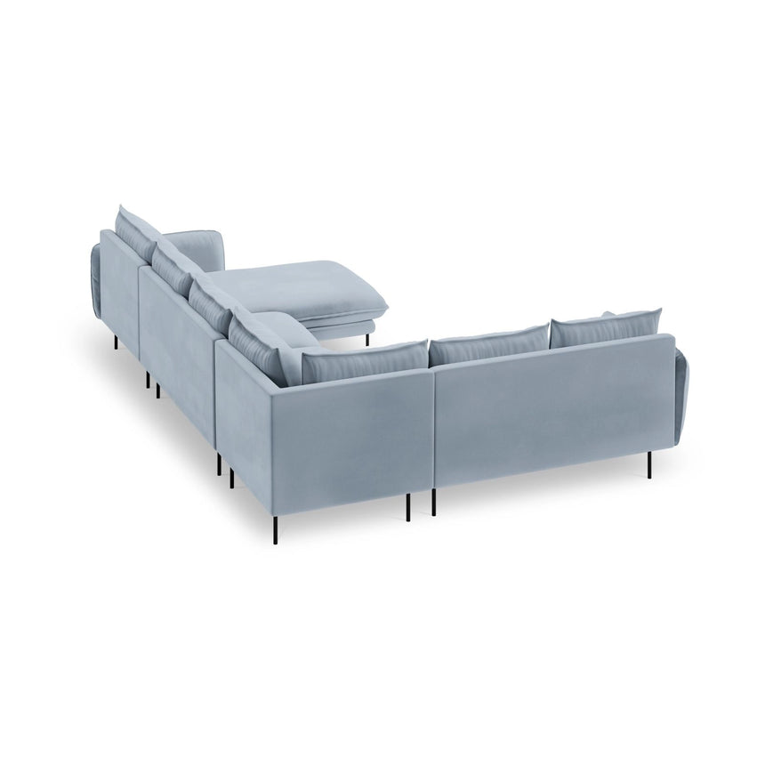 Vienna 7-Sitzer Panorama Ecksofa, Linke Seite, aus Samt in Hellblau (Bluvel 06), Beine aus Schwarzes Metall, 330x235x95 cm von Cosmopolitan Design – Bild 5