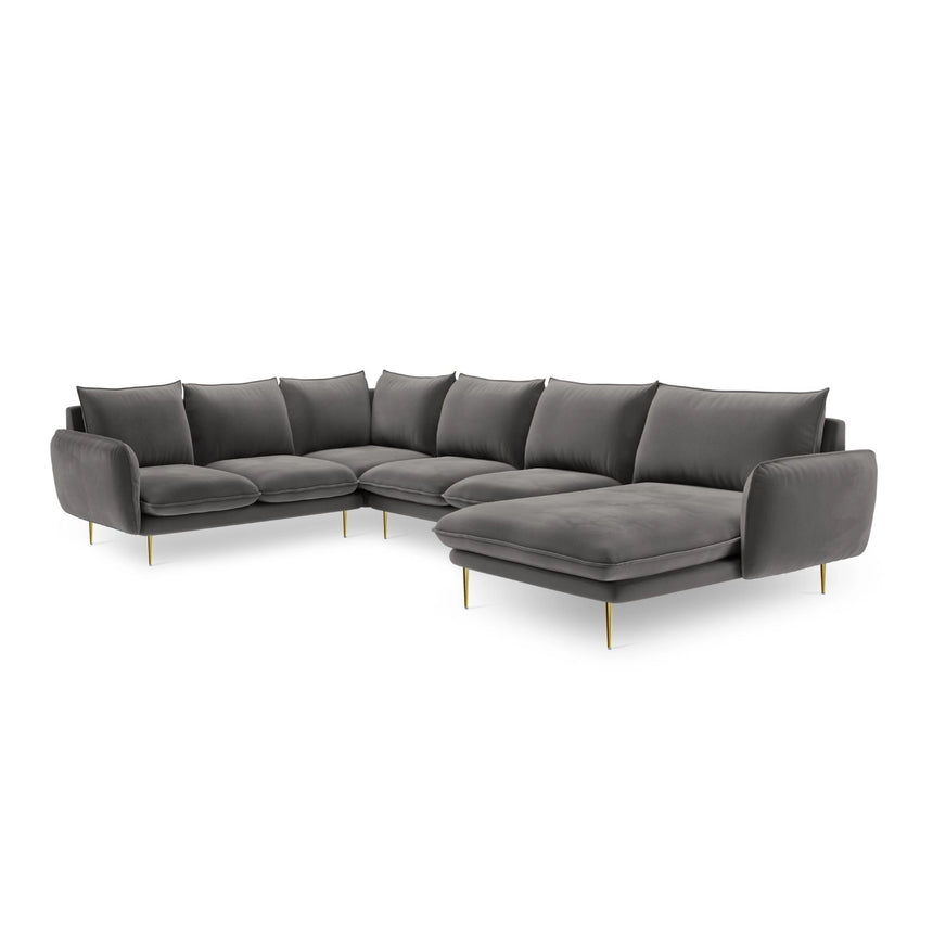 Vienna 7-Sitzer Panorama Ecksofa, Linke Seite, aus Samt in Hellgrau (Bluvel 13), Beine aus Goldmetall, 330x235x95 cm von Cosmopolitan Design – Bild 4