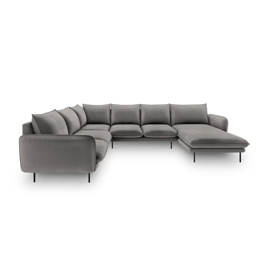 Vienna 7-Sitzer Panorama Ecksofa, Linke Seite, aus Samt in Hellgrau (Bluvel 13), Beine aus Schwarzes Metall, 330x235x95 cm von Cosmopolitan Design – Bild 3