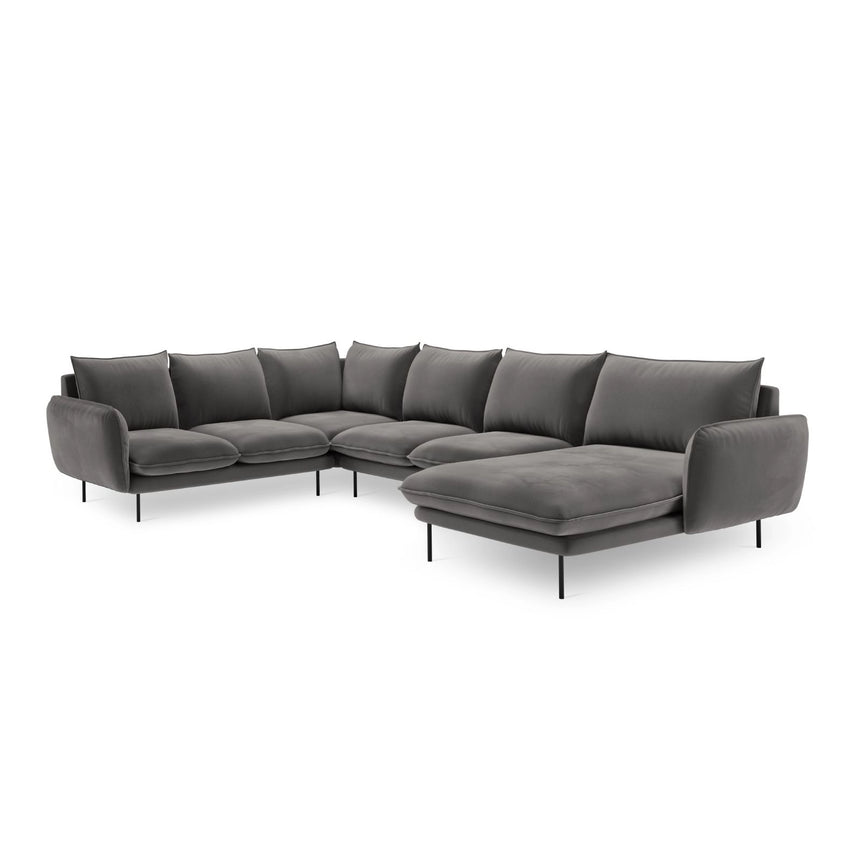 Vienna 7-Sitzer Panorama Ecksofa, Linke Seite, aus Samt in Hellgrau (Bluvel 13), Beine aus Schwarzes Metall, 330x235x95 cm von Cosmopolitan Design – Bild 4