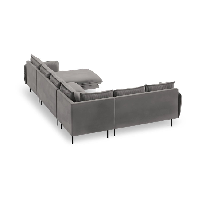 Vienna 7-Sitzer Panorama Ecksofa, Linke Seite, aus Samt in Hellgrau (Bluvel 13), Beine aus Schwarzes Metall, 330x235x95 cm von Cosmopolitan Design – Bild 5