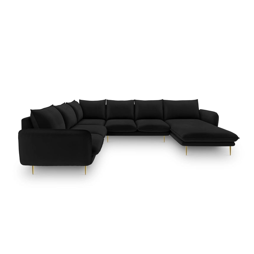 Vienna 7-Sitzer Panorama Ecksofa, Linke Seite, aus Samt in Schwarz (Bluvel 19), Beine aus Goldmetall, 330x235x95 cm von Cosmopolitan Design – Bild 3