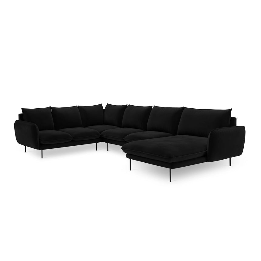 Vienna 7-Sitzer Panorama Ecksofa, Linke Seite, aus Samt in Schwarz (Bluvel 19), Beine aus Schwarzes Metall, 330x235x95 cm von Cosmopolitan Design – Bild 4