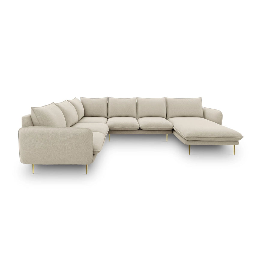 Vienna 7-Sitzer Panorama Ecksofa, Linke Seite, aus Strukturierter Stoff in Beige (Positano 8), Beine aus Goldmetall, 330x235x95 cm von Cosmopolitan Design – Bild 4