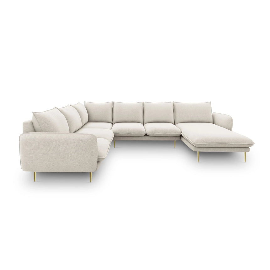 Vienna 7-Sitzer Panorama Ecksofa, Linke Seite, aus Strukturierter Stoff in Hellbeige (Positano 02), Beine aus Goldmetall, 330x235x95 cm von Cosmopolitan Design – Bild 4