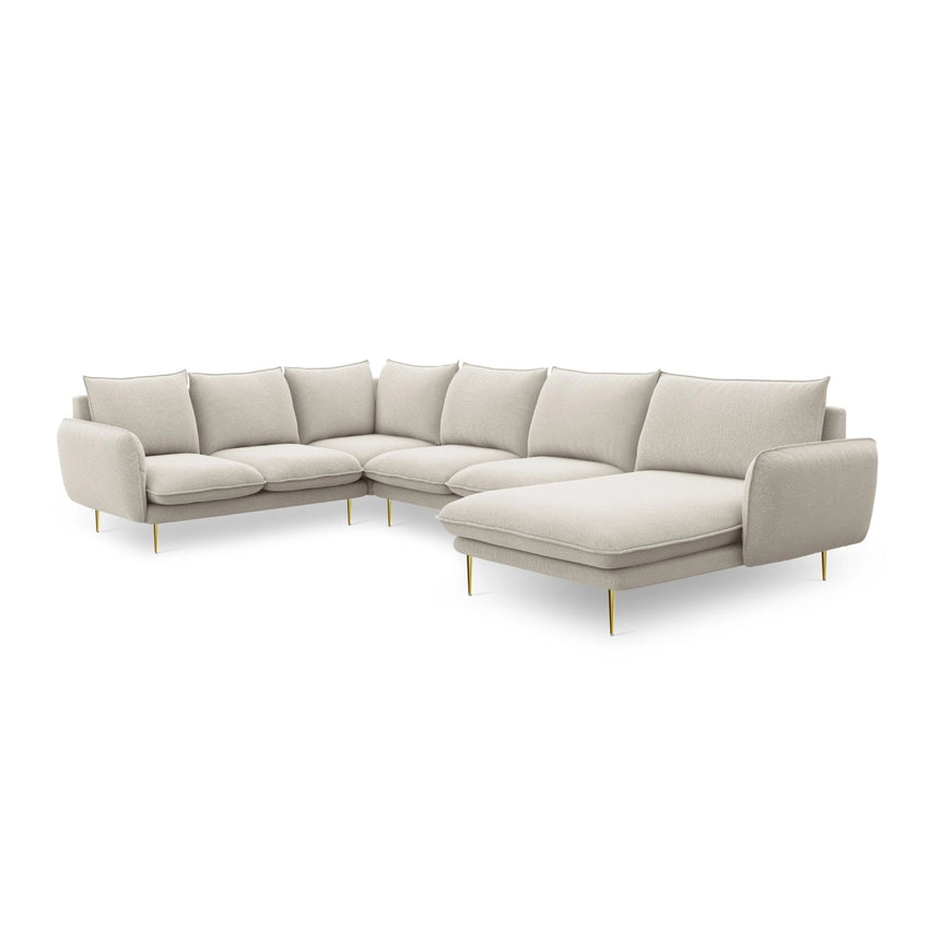 Vienna 7-Sitzer Panorama Ecksofa, Linke Seite, aus Strukturierter Stoff in Hellbeige (Positano 02), Beine aus Goldmetall, 330x235x95 cm von Cosmopolitan Design – Bild 5