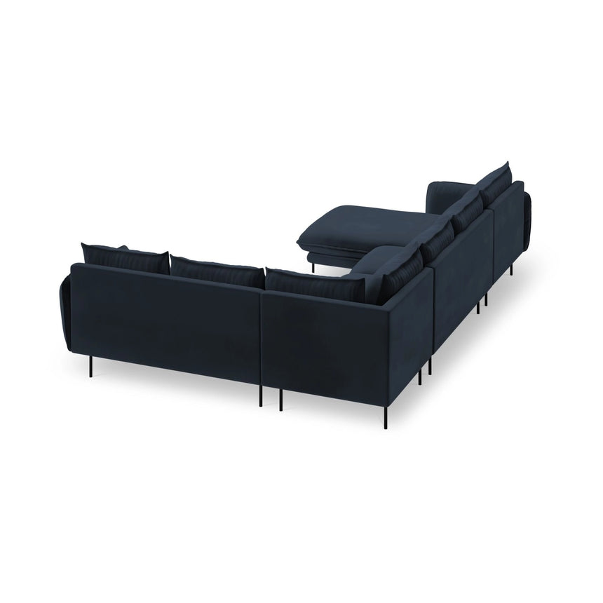 Vienna 7-Sitzer Panorama Ecksofa, Rechte Seite, aus Samt in Dunkelblau (Bluvel 89), Beine aus Schwarzes Metall, 330x235x95 cm von Cosmopolitan Design – Bild 5