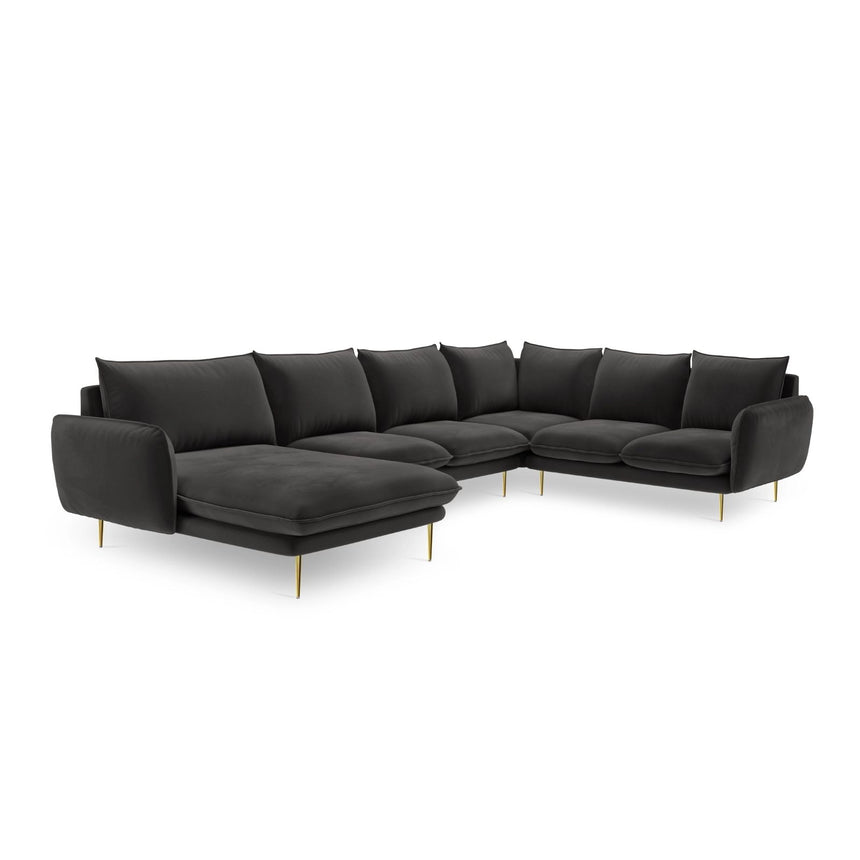Vienna 7-Sitzer Panorama Ecksofa, Rechte Seite, aus Samt in Dunkelgrau (Bluvel 18), Beine aus Goldmetall, 330x235x95 cm von Cosmopolitan Design – Bild 4