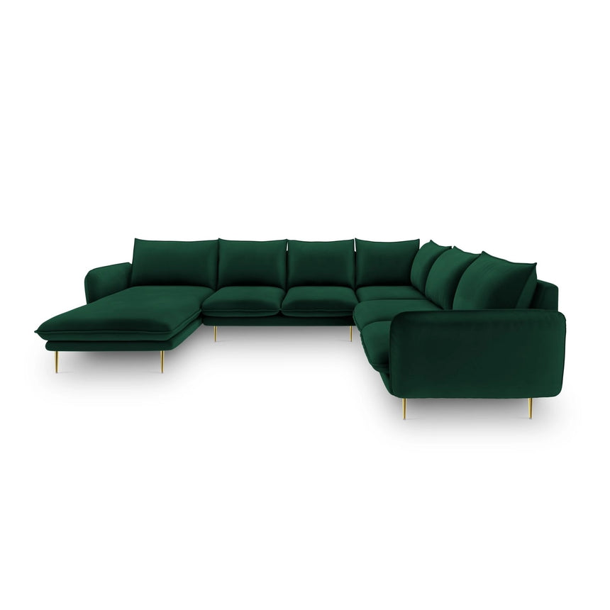 Vienna 7-Sitzer Panorama Ecksofa, Rechte Seite, aus Samt in Flaschengrün (Bluvel 78), Beine aus Goldmetall, 330x235x95 cm von Cosmopolitan Design – Bild 3