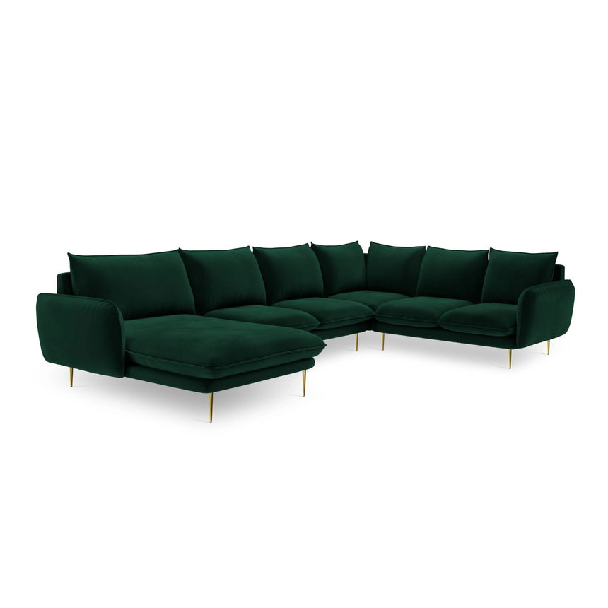 Vienna 7-Sitzer Panorama Ecksofa, Rechte Seite, aus Samt in Flaschengrün (Bluvel 78), Beine aus Goldmetall, 330x235x95 cm von Cosmopolitan Design – Bild 4