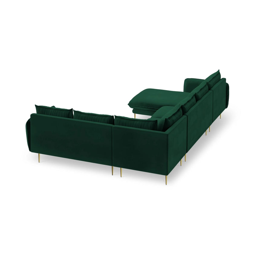 Vienna 7-Sitzer Panorama Ecksofa, Rechte Seite, aus Samt in Flaschengrün (Bluvel 78), Beine aus Goldmetall, 330x235x95 cm von Cosmopolitan Design – Bild 5