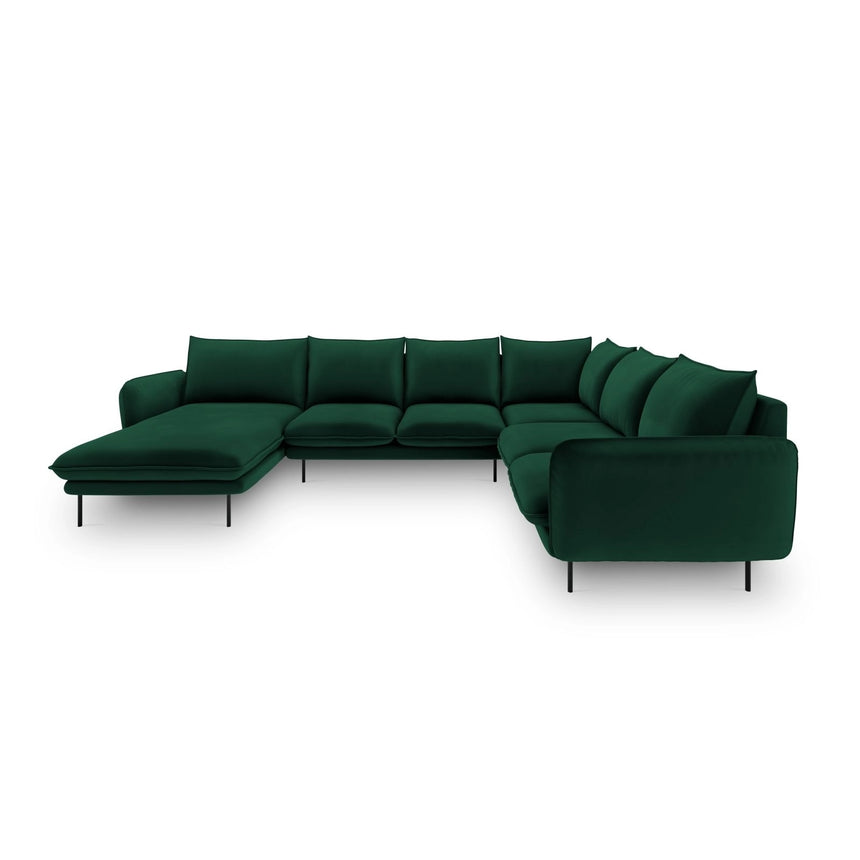 Vienna 7-Sitzer Panorama Ecksofa, Rechte Seite, aus Samt in Flaschengrün (Bluvel 78), Beine aus Schwarzes Metall, 330x235x95 cm von Cosmopolitan Design – Bild 3