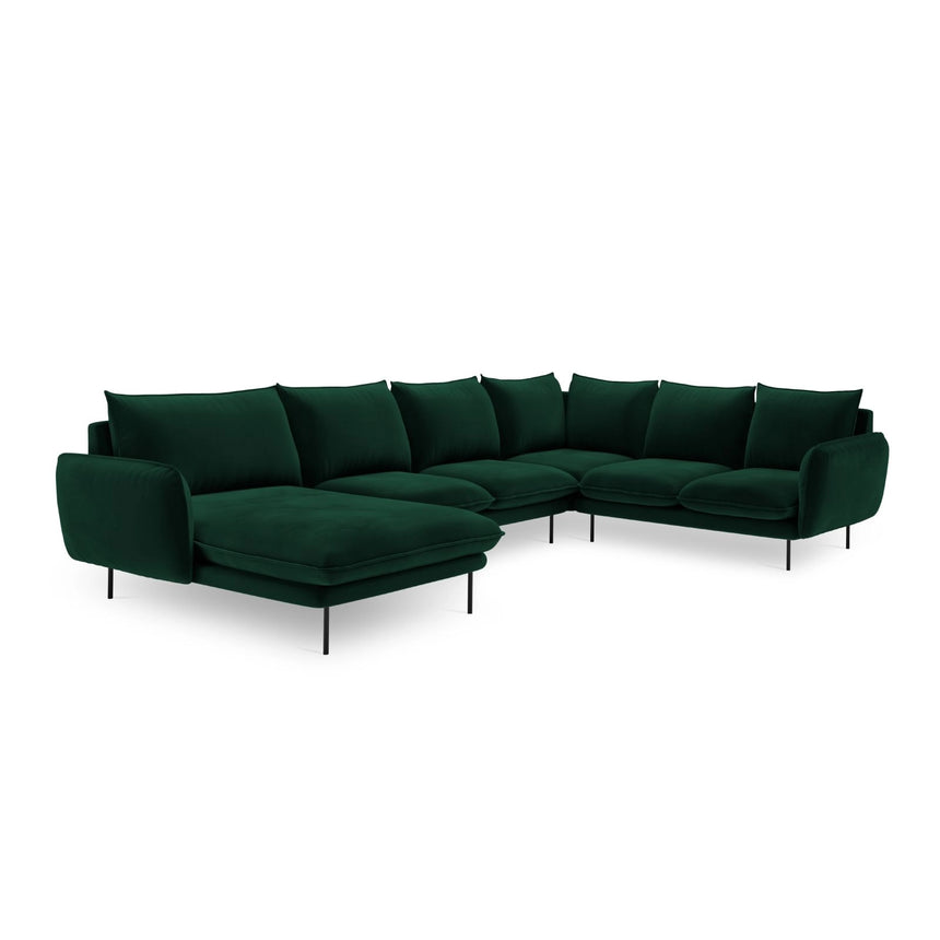 Vienna 7-Sitzer Panorama Ecksofa, Rechte Seite, aus Samt in Flaschengrün (Bluvel 78), Beine aus Schwarzes Metall, 330x235x95 cm von Cosmopolitan Design – Bild 4