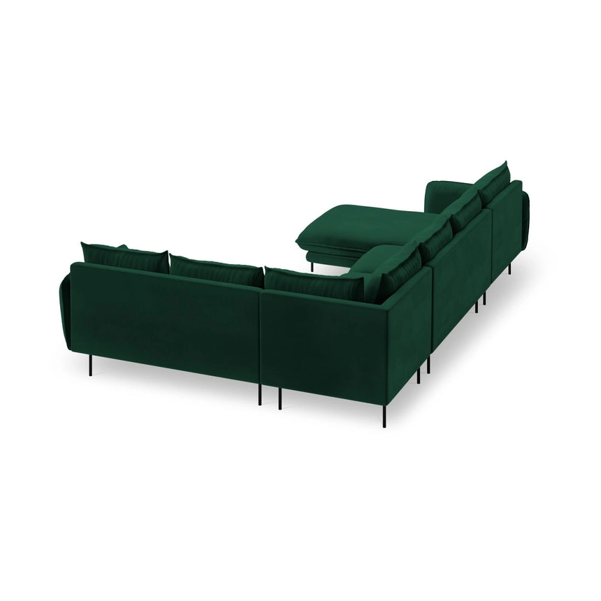 Vienna 7-Sitzer Panorama Ecksofa, Rechte Seite, aus Samt in Flaschengrün (Bluvel 78), Beine aus Schwarzes Metall, 330x235x95 cm von Cosmopolitan Design – Bild 5