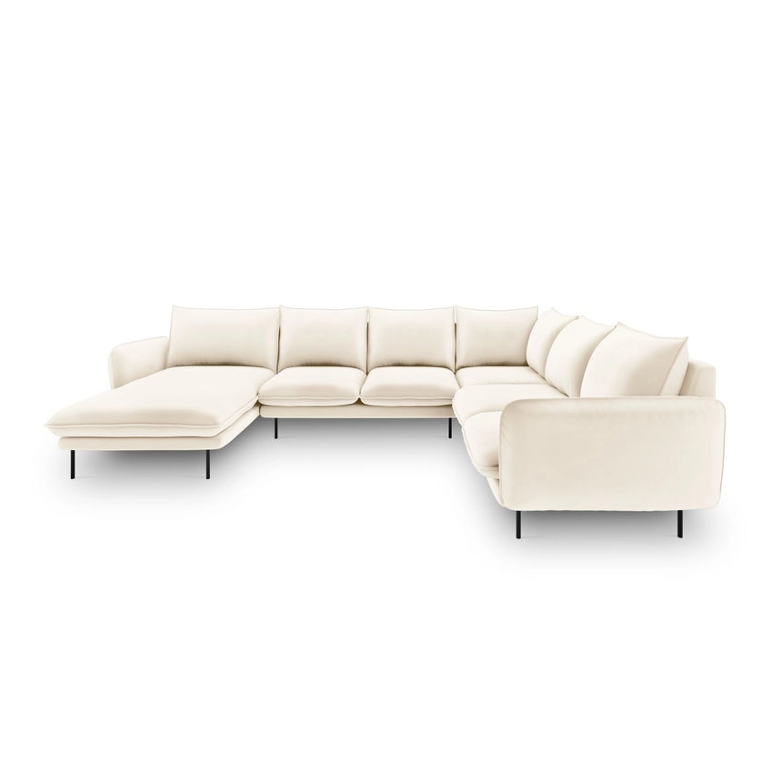 Vienna 7-Sitzer Panorama Ecksofa, Rechte Seite, aus Samt in Hellbeige (Bluvel 22), Beine aus Schwarzes Metall, 330x235x95 cm von Cosmopolitan Design – Bild 3