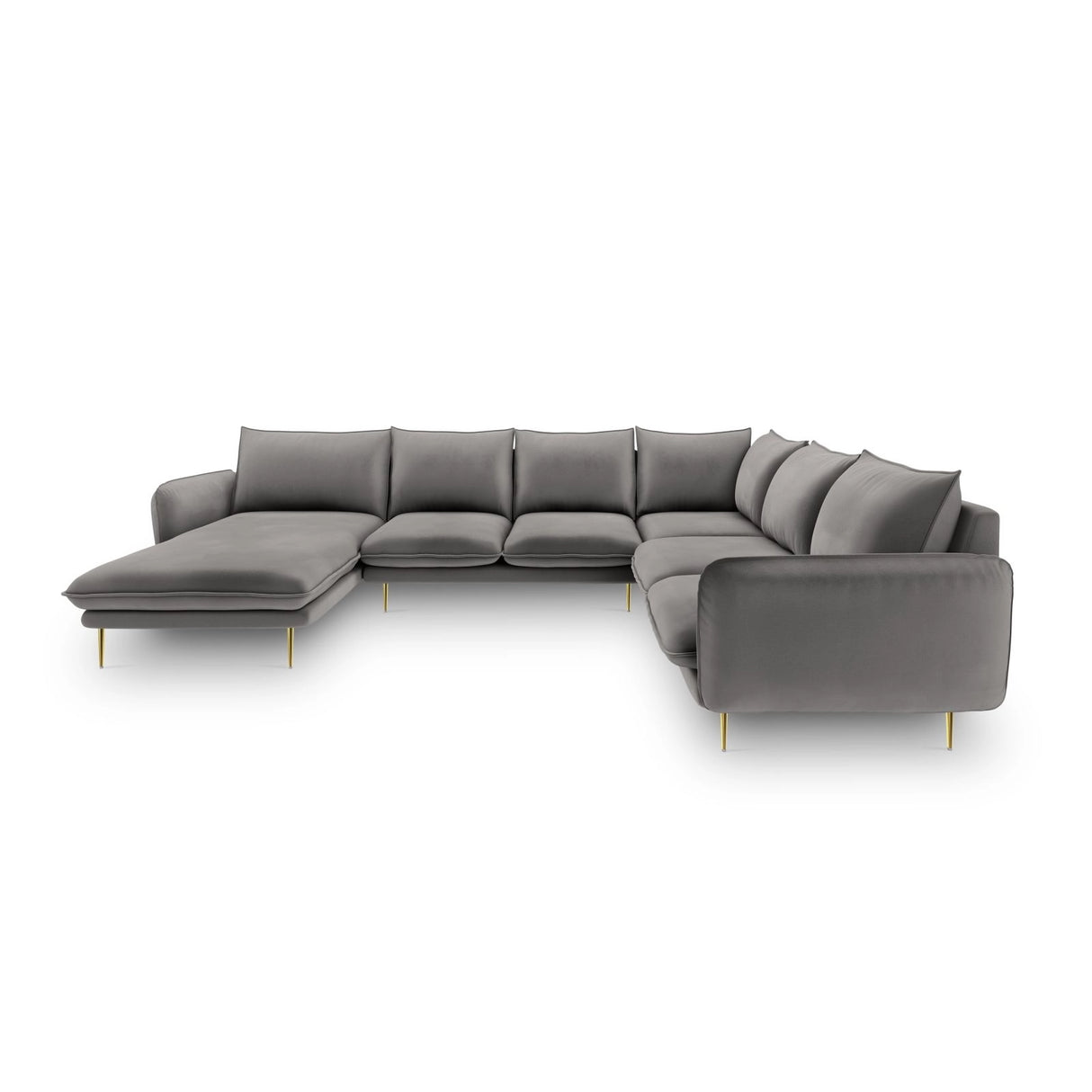 Vienna 7-Sitzer Panorama Ecksofa, Rechte Seite, aus Samt in Hellgrau (Bluvel 13), Beine aus Goldmetall, 330x235x95 cm von Cosmopolitan Design – Bild 3
