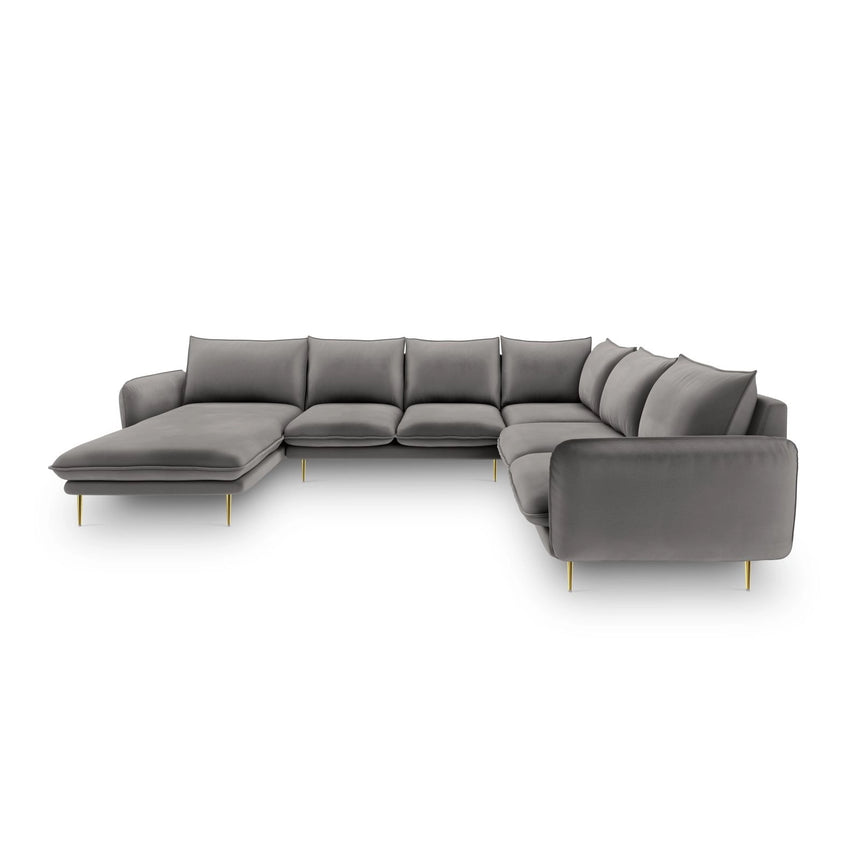Vienna 7-Sitzer Panorama Ecksofa, Rechte Seite, aus Samt in Hellgrau (Bluvel 13), Beine aus Goldmetall, 330x235x95 cm von Cosmopolitan Design – Bild 3