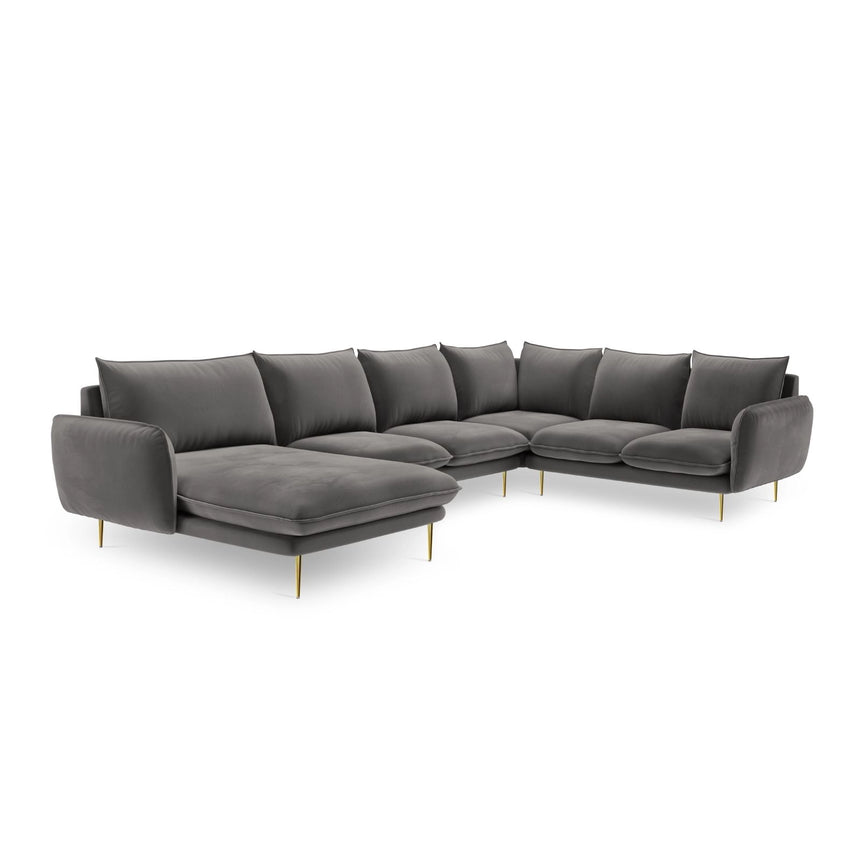 Vienna 7-Sitzer Panorama Ecksofa, Rechte Seite, aus Samt in Hellgrau (Bluvel 13), Beine aus Goldmetall, 330x235x95 cm von Cosmopolitan Design – Bild 4