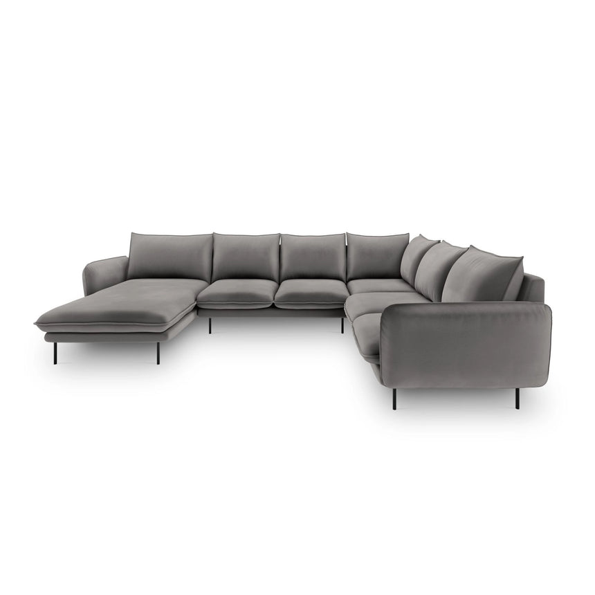 Vienna 7-Sitzer Panorama Ecksofa, Rechte Seite, aus Samt in Hellgrau (Bluvel 13), Beine aus Schwarzes Metall, 330x235x95 cm von Cosmopolitan Design – Bild 3