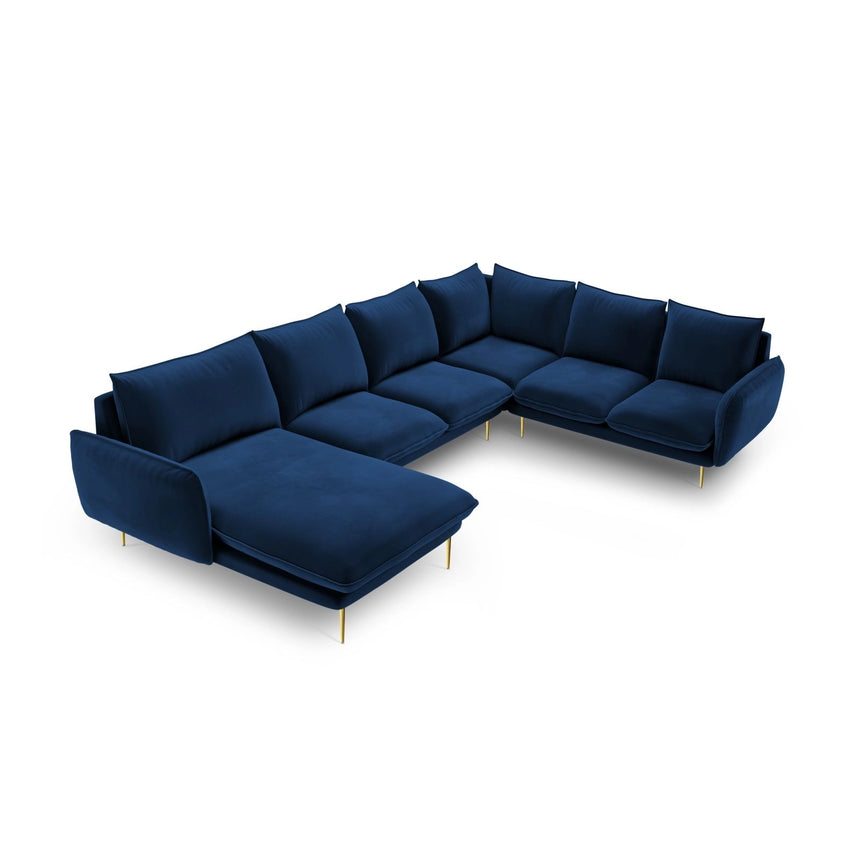 Vienna 7-Sitzer Panorama Ecksofa, Rechte Seite, aus Samt in Königsblau (Bluvel 86), Beine aus Goldmetall, 330x235x95 cm von Cosmopolitan Design – Bild 1