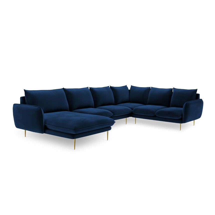 Vienna 7-Sitzer Panorama Ecksofa, Rechte Seite, aus Samt in Königsblau (Bluvel 86), Beine aus Goldmetall, 330x235x95 cm von Cosmopolitan Design – Bild 4