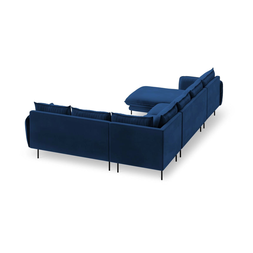 Vienna 7-Sitzer Panorama Ecksofa, Rechte Seite, aus Samt in Königsblau (Bluvel 86), Beine aus Schwarzes Metall, 330x235x95 cm von Cosmopolitan Design – Bild 5