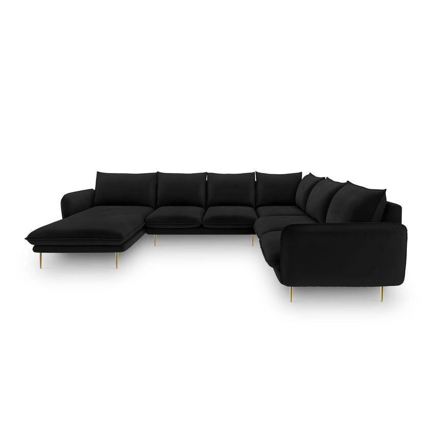 Vienna 7-Sitzer Panorama Ecksofa, Rechte Seite, aus Samt in Schwarz (Bluvel 19), Beine aus Goldmetall, 330x235x95 cm von Cosmopolitan Design – Bild 3