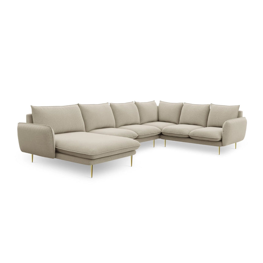 Vienna 7-Sitzer Panorama Ecksofa, Rechte Seite, aus Strukturierter Stoff in Beige (Positano 8), Beine aus Goldmetall, 330x235x95 cm von Cosmopolitan Design – Bild 5