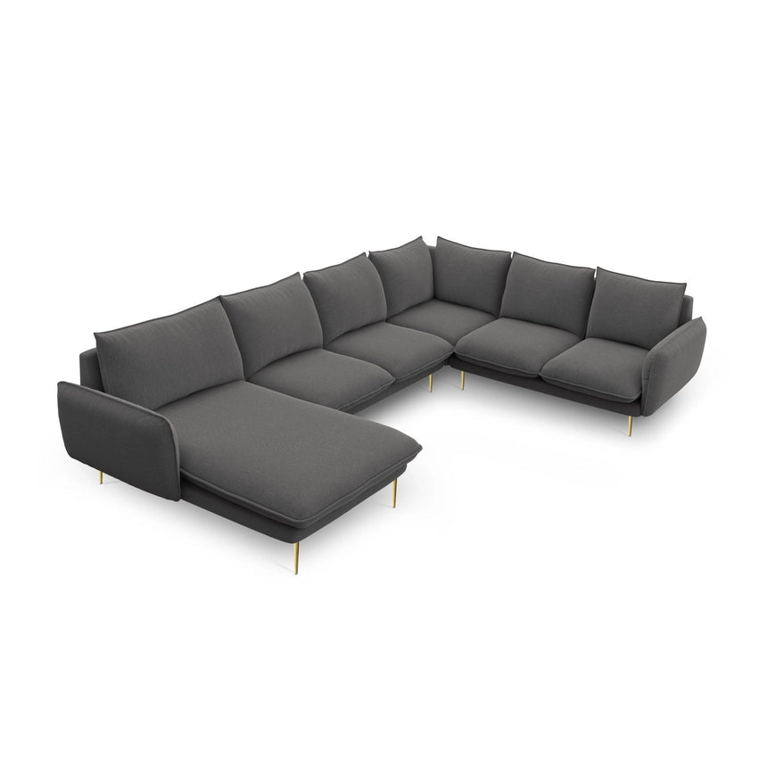 Vienna 7-Sitzer Panorama Ecksofa, Rechte Seite, aus Strukturierter Stoff in Dunkelgrau (Positano 95), Beine aus Goldmetall, 330x235x95 cm von Cosmopolitan Design – Bild 1