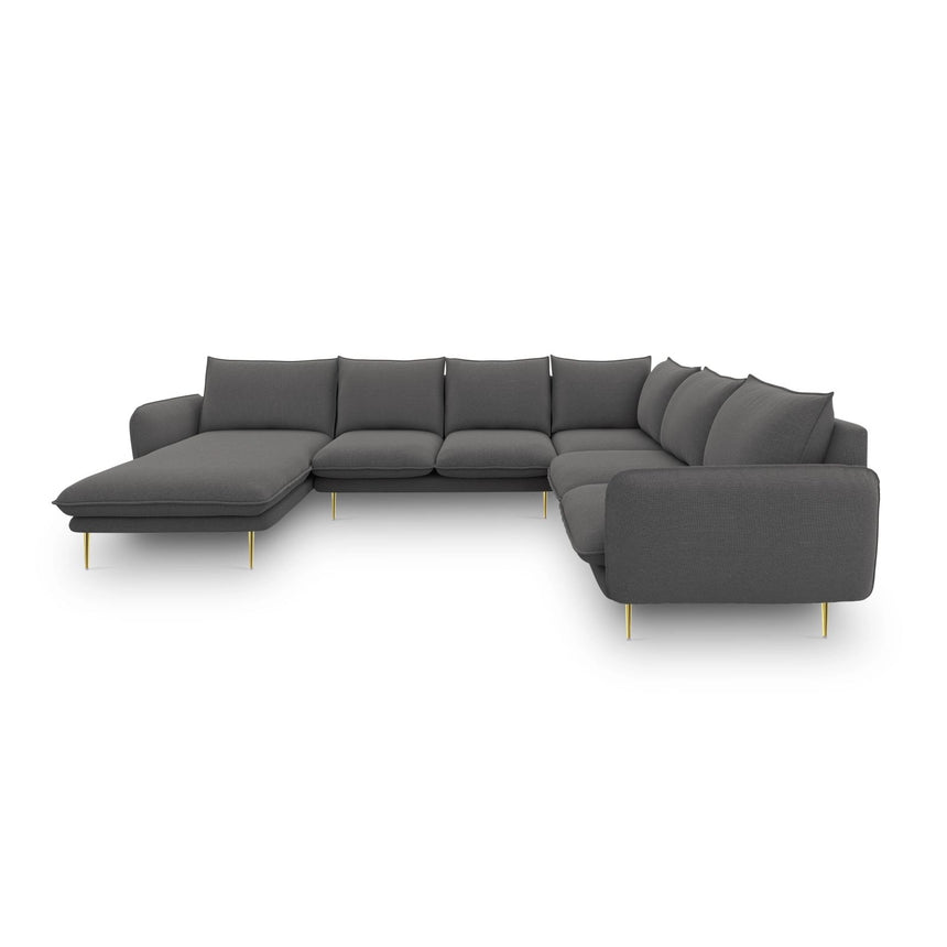 Vienna 7-Sitzer Panorama Ecksofa, Rechte Seite, aus Strukturierter Stoff in Dunkelgrau (Positano 95), Beine aus Goldmetall, 330x235x95 cm von Cosmopolitan Design – Bild 4