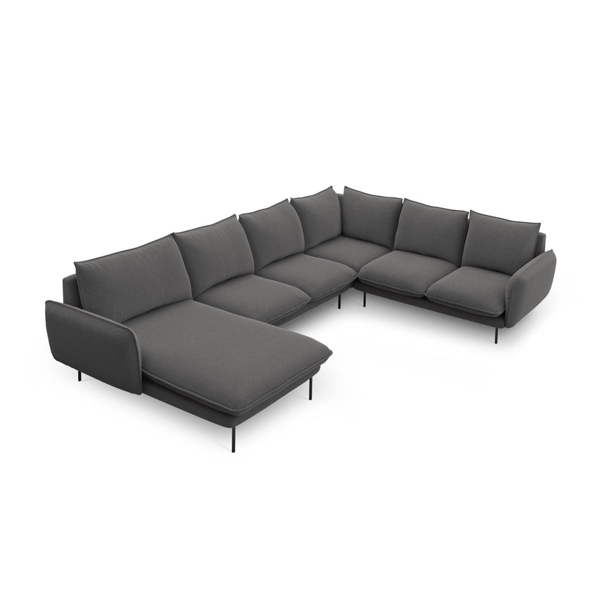 Vienna 7-Sitzer Panorama Ecksofa, Rechte Seite, aus Strukturierter Stoff in Dunkelgrau (Positano 95), Beine aus Schwarzes Metall, 330x235x95 cm von Cosmopolitan Design – Bild 1