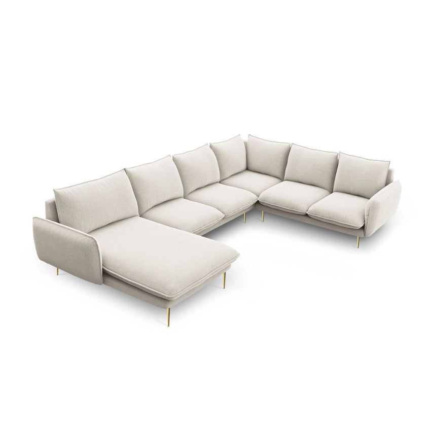 Vienna 7-Sitzer Panorama Ecksofa, Rechte Seite, aus Strukturierter Stoff in Hellbeige (Positano 02), Beine aus Goldmetall, 330x235x95 cm von Cosmopolitan Design – Bild 1
