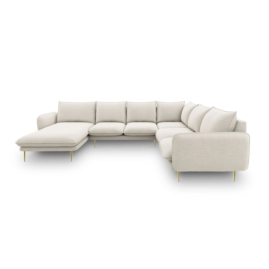 Vienna 7-Sitzer Panorama Ecksofa, Rechte Seite, aus Strukturierter Stoff in Hellbeige (Positano 02), Beine aus Goldmetall, 330x235x95 cm von Cosmopolitan Design – Bild 4