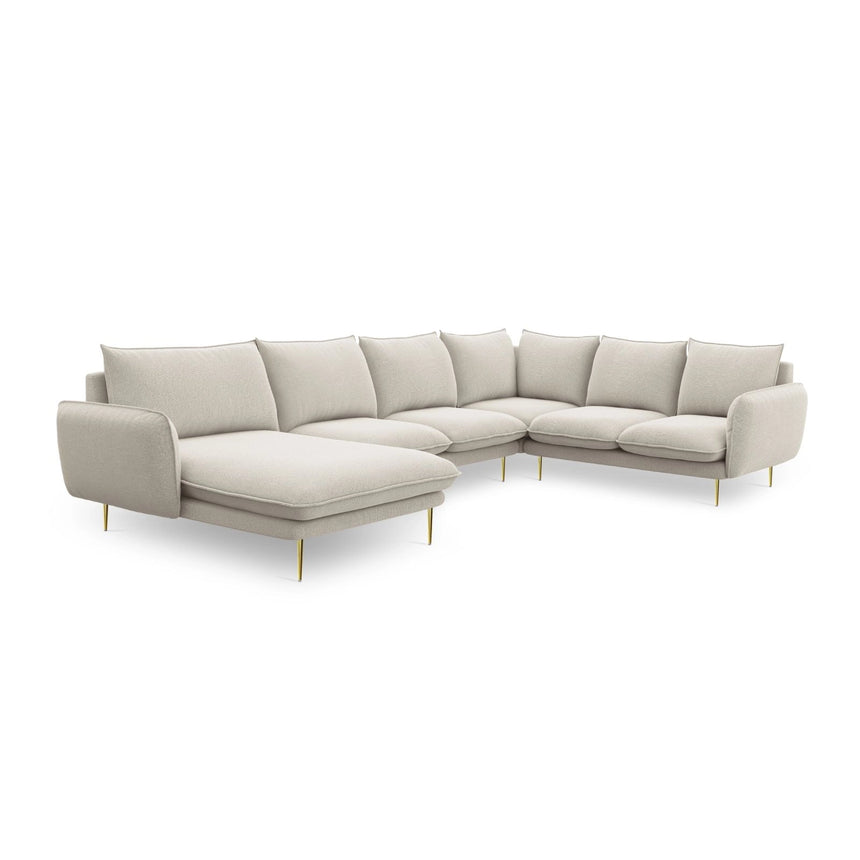 Vienna 7-Sitzer Panorama Ecksofa, Rechte Seite, aus Strukturierter Stoff in Hellbeige (Positano 02), Beine aus Goldmetall, 330x235x95 cm von Cosmopolitan Design – Bild 5