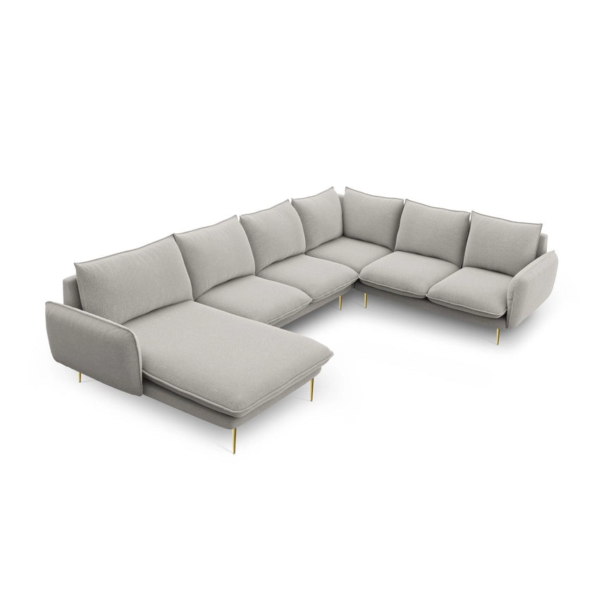 Vienna 7-Sitzer Panorama Ecksofa, Rechte Seite, aus Strukturierter Stoff in Hellgrau (Asgard 27/ Positano 83), Beine aus Goldmetall, 330x235x95 cm von Cosmopolitan Design – Bild 1