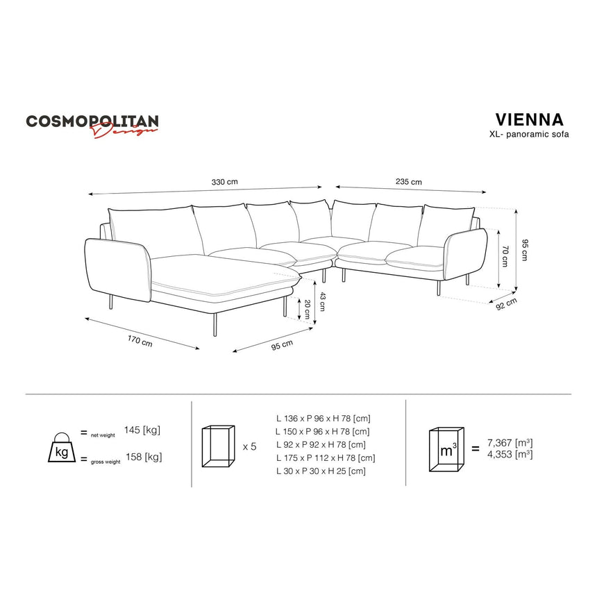 Vienna 7-Sitzer Panorama Ecksofa, Rechte Seite, aus Strukturierter Stoff in Hellgrau (Asgard 27/ Positano 83), Beine aus Schwarzes Metall, 330x235x95 cm von Cosmopolitan Design – Bild 3