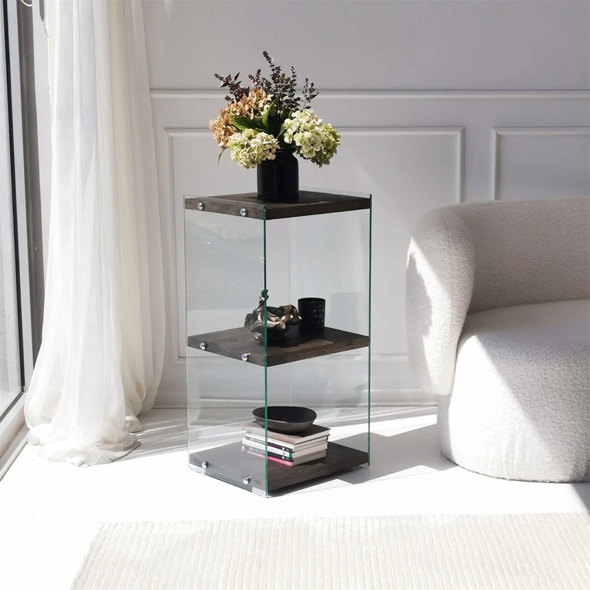 2-Fächer Regal Aqua aus gehärtetem Glas und Massivholz in Anthrazit, 40×35×80 cm von Hanah Home – Bild 1