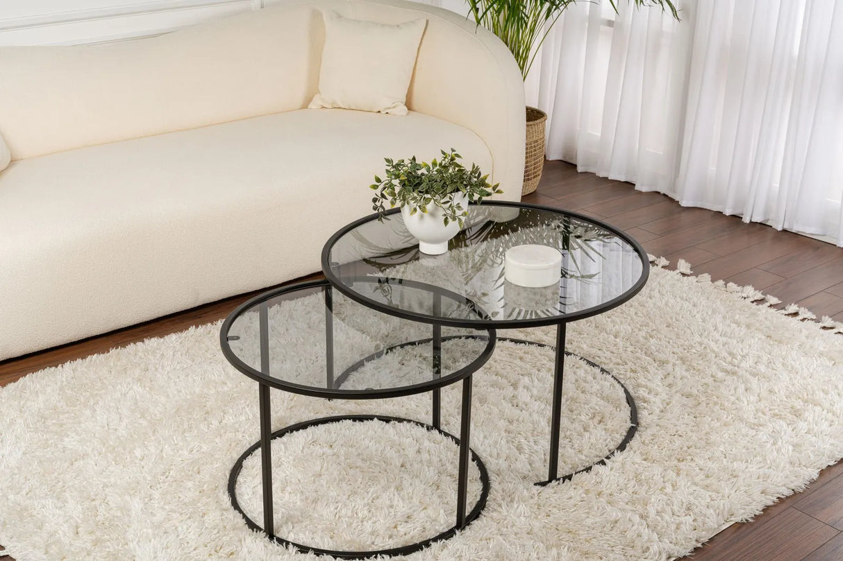 2er-Set Couchtisch Aurum aus gehärtetem Glas und Metall in Schwarz und Grau 80Ø von Hanah Home – Bild 1