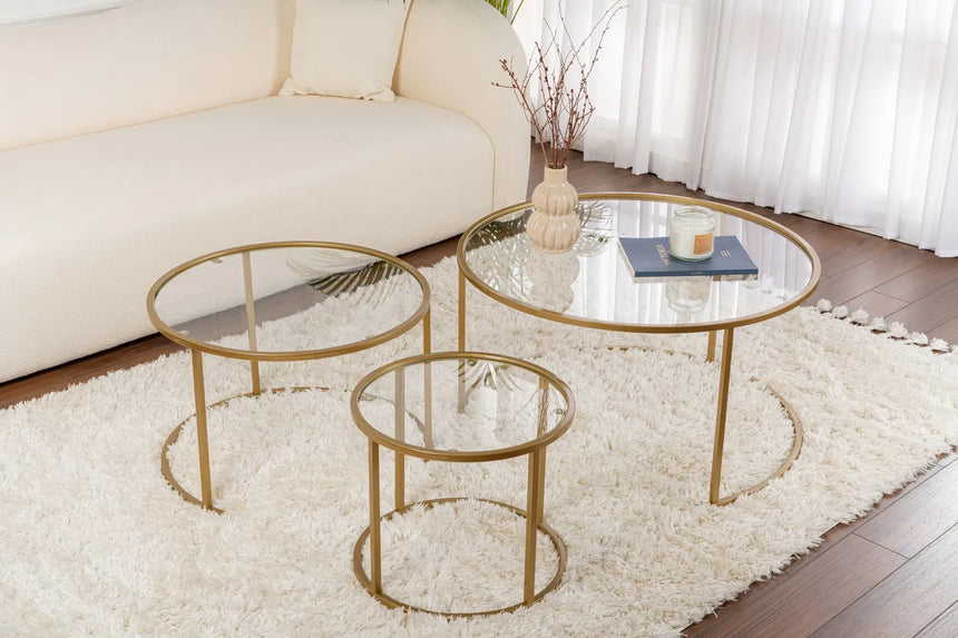 3er-Set Couchtisch Aurum aus gehärtetem Glas und Metall 80Ø von Hanah Home – Bild 3